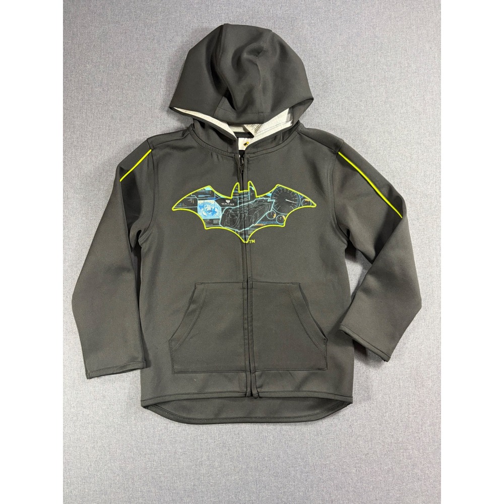 Batman Boys Zip Up Hoodie Charcoal Grey Neon Yellow Wayne Industries Size 5